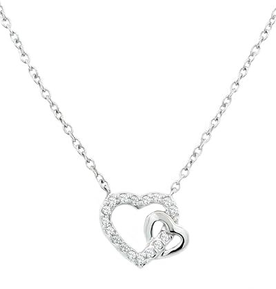 Amoonìc Damen Kette Herz Anhänger Halskette 925 Sterling Silber I Herzkette Echtsilber zwei verschlungene Herzen I Echt Silberkette mit Zirkoniasteinen I Schmuck Geschenk für Frauen Sie Frau Freundin