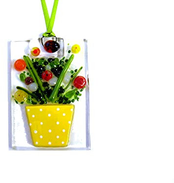 Bunch of fused glass murrine flowers in a yellow polka dot flower pot. Suncatcher, Spring hanging decoration