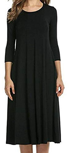 Womens Ladies Plain Jersey Swing Dress Casual Long Sleeve Midi Dress Skater UK Size (Black, 12-14)