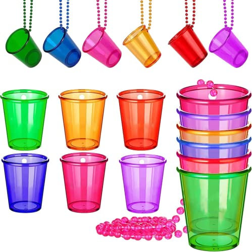 18 Stück Bunte Schnapsgläser zum Umhängen, Shotgläser mit Kette, Kunststoff Pinnchen Kurze Becher, Party Trinkbecher für JGA, Fasching, Karneval, Hochzeit, Festival, Polterabend