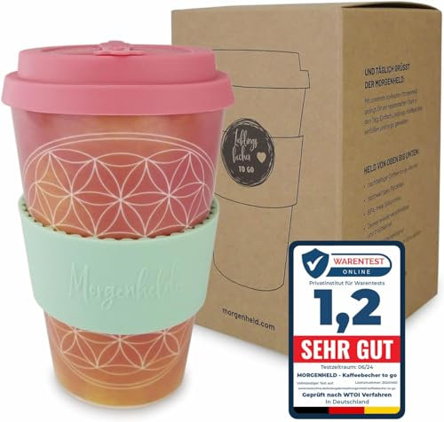 Morgenheld Taza de Café para Llevar, Flower of life, Porcelana Coffee to go Vaso con Tapa 380ml