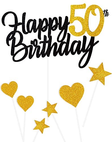 Tortendeko 50 Geburtstag Schwarz Junge Mädchen, 7Stück 50.Kuchendeko Geburtstag Schwarz Gold, Happy 50 Birthday Deko Torte Kuchen Deko Cake Topper für 50 Geburstagstorte Deko Jungen Mädchen Mann Frau