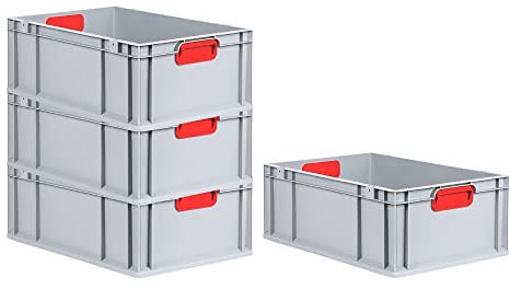 PROREGAL SuperSparSet 4x Eurobox NextGen Color | HxBxT 22x40x60cm | 44 Liter | Griffe rot geschlossen | Verstärkter Boden | Eurobehälter, Transportbox, Transportbehälter, Stapelbehälter