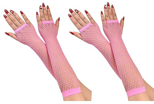 COSFAN 2 Paar Lange Netzhandschuhe, Damen Fingerlose Mesh Handschuhe, Mädchen Hohle Handschuhe für 80er Jahre Kostüm Tanz Party (Rosa)
