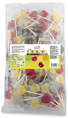 Caramelos Cerdán - Piruletas Mini Corazón | Bolsa de 200 Uds | Sabor Fresa, Cola, Manzana, Limón | Caramelo Duro con Palo sin Gluten ni Alérgenos | Ideal para Fiestas, San Valenín y Cumpleaños.