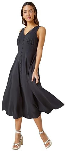 Roman Originals Women Textured Stripe Button Detail Midi Dress - Ladies Spring Everyday Summer Holiday Sleeveless Soft V-Neckline Comfy Empire Detail Frock Vacation Gowns - Black - Size 20