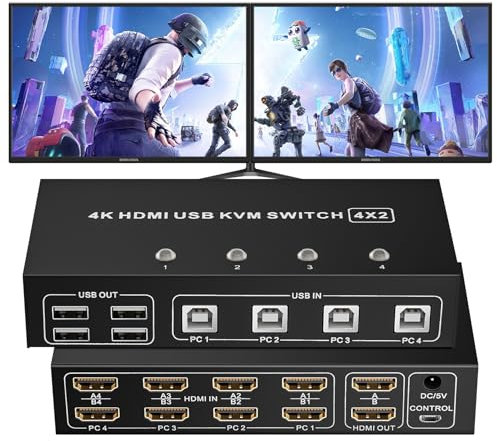 HDMI KVM Switch Dual Monitor 4X2, BolAAzul 4K@60Hz HDMI 2.0 KVM USB 2.0 Switcher 4 in 2 Out, KVM Switch HDMI 4 PC 2 Monitore Keyboard Mouse mit 4 USB 2.0 Hub