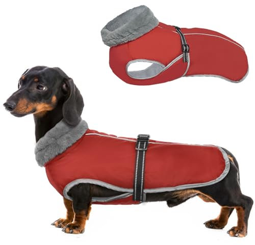 XL Hundewintermantel, fleecegefütterte Jacke für mittelgroße Hunde, reflektierender Extremwettermantel mit verstellbarem Riemen, französische Bulldoggenjacke, Warmer Hundemantel (Rot, XL)