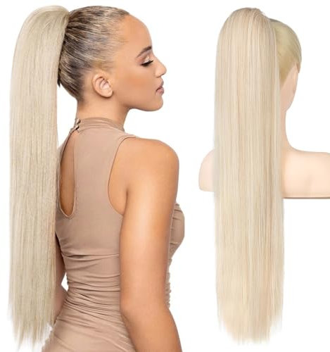 REECHO Pferdeschwanz Haarverlängerung, 71 cm langes gerades Haarteil Kordelzug Pferdeschwanz Haarverlängerung Synthetischer Pferdeschwanz Haarteil für Frauen - Hellblond