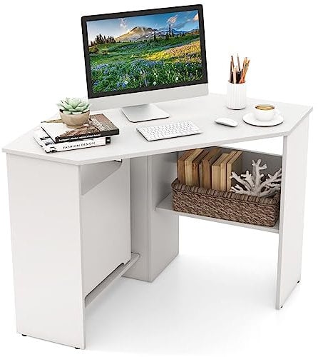 SFAREST Triangle Corner Table, 90° Wooden Computer Desk with Open Shelf and Cable Management Holes, Space Saving Compact Study Workstation for Bedroom Living Room Office (White)
