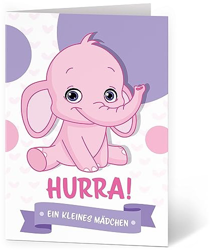 XXL Glückwunschkarte zur Geburt – Mädchen Elefant Rosa mit Umschlag | Premium A4 Babykarte für Eltern – Grußkarte zur Geburt für Neugeborene Junge Mädchen Sohn Tochter mit Glückwünschen