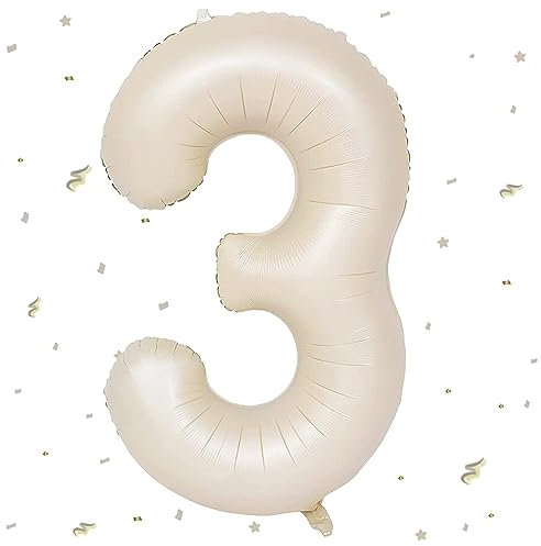 Beige Luftballon 3,Zahlen Luftballon Beige, 40 Zoll XXL Creme Weiß Folienballon 3. Sandweiß Zahlenballon 3 Helium Ballon, Luftballon 3. Geburtstag für 3 Jahre Geburtstagsdeko Kinder Junge Mädchen