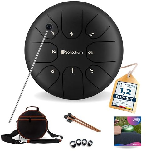 Sonodrum Zungentrommel Standard C - Dur in Schwarz - 20 cm klein mit 8 Tönen - Steel Tongue Drum inkl. Liederbuch, Schlägel, Fingersticks und Tragetasche - Notenlesen nicht nötig, einfach zu spielen