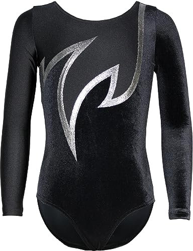 GymStern Turnanzug Java Spezial Samt - Stretch-Material langarm Gymnastikanzug Turnbody langärmlich, Größe:158/164, Farbe:Samt Schwarz - Silber
