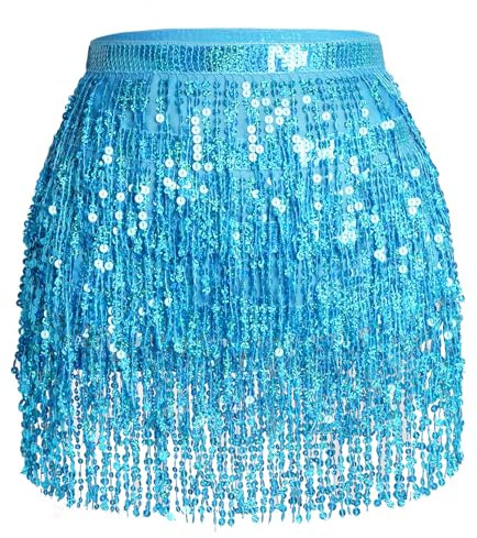 Jerbro Women's Belly Dance Skirt with Sequin Hip Scarf & Tassel - Wrap Cowgirl Rave Costume (UK, Alpha, M, Regular, Blue)