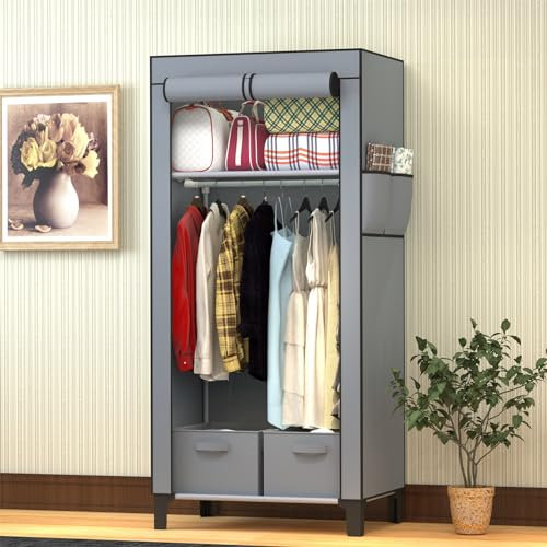 LOEFME Canvas Wardrobe 161 * 59 * 45cm, Wardrobes for Bedroom, New Base Design Fabric Wardrobes with 2 Storage Boxes and Side Pockets, Portable Wardrobe Suitable for Home, Apartment, Dormitory, Grey