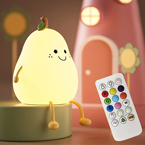 NICE POINT Night Light Kids,Cute Silicone Nursery Pear Lamp for Baby and Toddler,Fruit NightLight with Remote, Squishy Night for Bedroom,Kawaii Bedside Lamp for Boys Girls Room