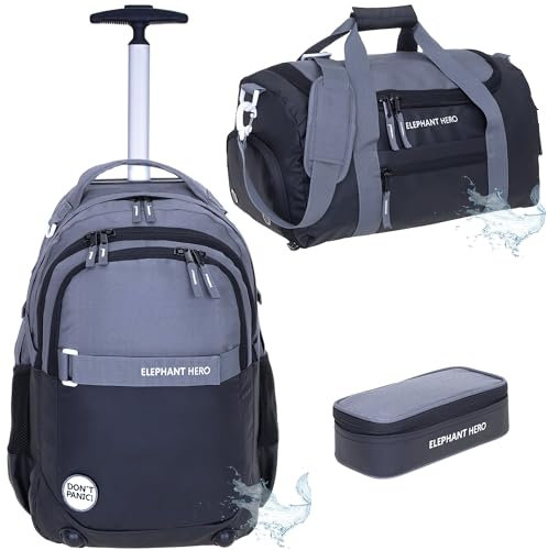 3 Teile Set Trolley Elephant Hero Signature Schultrolley Schulranzen Trolly Sporttasche Mäppchen 12800 (Color Block Anthrazit Schwarz 13048)
