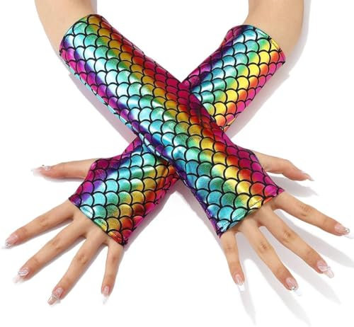 Meerjungfrau Schuppenhandschuhe, Fischschuppen Armstulpen, Goth Punk Handschuhe Fingerlose Warme Armstulpen, Halloween Cosplay Handschuhe, Rave Party Handschuhe, Damen und Mädchen Kostüm Accessoires