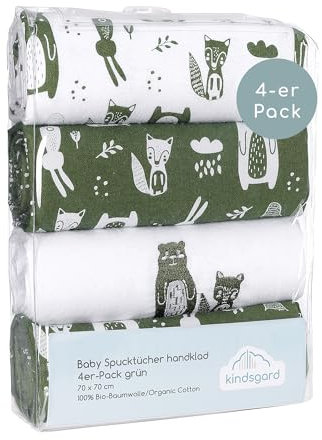 Kindsgard Molton-Spucktücher „Handklad“ – Oliv – 4er-Pack aus 100 % Baumwolle – saugfähig, weich & vielseitig – 70x70 cm – waschbar & trocknergeeignet – Baby Spucktuch Set für Zuhause & unterwegs