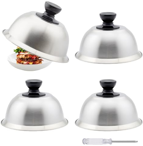 BYZESTY 4 Stück Edelstahl Burgerhauben, Burgerglocken 10 x 16 cm, Burgerglocke Aus Edelstahl mit Verbrühungsschutzgriff, Burgercover mit Mini Schraubenziehe, für Steak Grillen und Hamburger