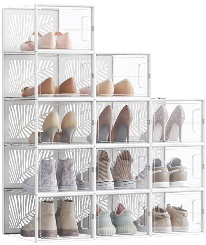 SONGMICS Schuhboxen, 12er Set, Aufbewahrungsbox für Schuhe, robust, faltbar und stapelbar, für Schuhe bis Größe 46, Sportschuhe, High Heels, flache Schuhe, transparent-weiß LSP107W01