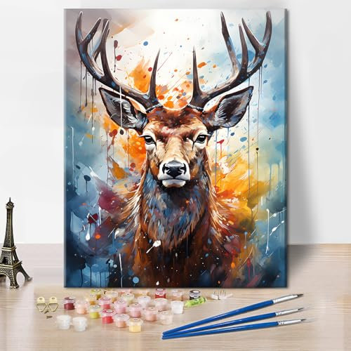 TISHIRON Hirsch Ölgemälde Malen nach Zahlen für Erwachsene Anfänger, Hirschkopf mit Geweih Tier Malen nach Zahlen Set mit Pinseln für Wanddeko Zuhause (40x50 cm)