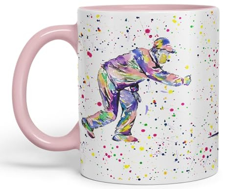 Vixar Crown Green Bowling Bowler Male Watercolour Ceramic Coloured Mug Cup for Tea Coffee Hot Brew 330ml 11Oz Gift (Pink)