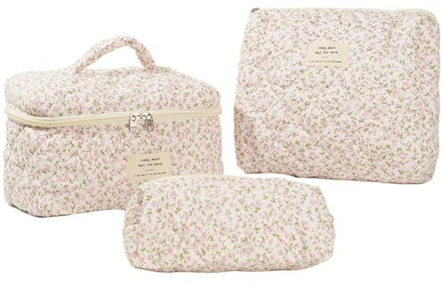 Lot de 3 Trousse de Toilette Matelassée Femme en Coton Doux, Trousse de Maquillage Fleurie, Trousse à Cosmétiques Matelassée à Fermeture Éclair, Trousse de Toilette Voyage de Grande Capacité (H)
