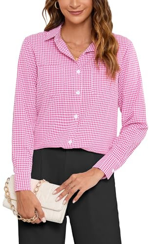 SPRING SEAON Chemise à carreaux pour femme - Manches longues - Chemisier traditionnel - Col en V - Boutonné - Fête de la bière - Chemise de bûcheron - Haut décontracté avec boutonnière, Rose, M