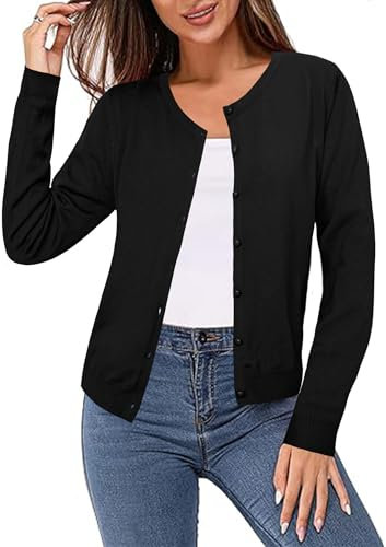 Totatuit Women's Cardigan Button Down Bolero Round-Neck Cropped Cardigan Long Sleeve Knit Cardigans Casual Shrugs Black