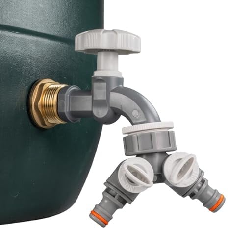 3/4 Water Butt Replacement Faucet – Brass Metal Lever Tap with UK Bib Outlet & Hose Barb Adapter,Quick Connect Garden Hosepipes (Grey tap + valved Splitter)