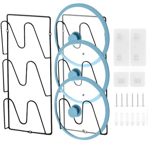 JAMHEXOU Lot de 2 supports muraux autocollants pour couvercles de casseroles, en métal, 3 fentes, pour porte d'armoire ou de couvercle de casserole