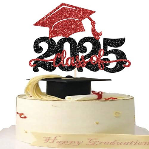 1 Stück 2025 Abschluss Tortendeko Glitzer 2025 Graduation Kuchen Deko Graduierung Kappe Tortendekoration Cake Topper für 2025 Schule Abschluss Party Rot