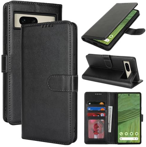 Zouzt Hülle für Google Pixel 7, Stoßfestes PU Leder Handyhülle Lederhülle Klapphülle mit Kartenhalter und Standfunktion Flip Leather Wallet Phone Cover (Schwarz)