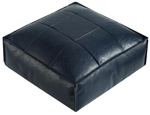 Ottomane quadratisches Bodenkissen, PU-Leder, Vintage-Retro-Stil, gewachstes Leder, Sitz für Wohnzimmer, Schlafzimmer, Balkon (dunkelblau, nur Bezug, L-45 x 45 x 15 cm)