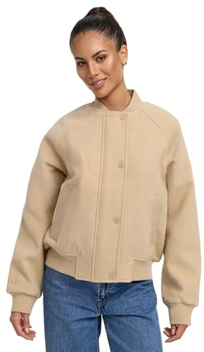MARIKOO Damen Jacke (XS-XXL) - Übergangsjacke im College Bomber Jacken Style, mit Rippenbündchen, Warme Jacke Frauen - N054 (S, Beige)