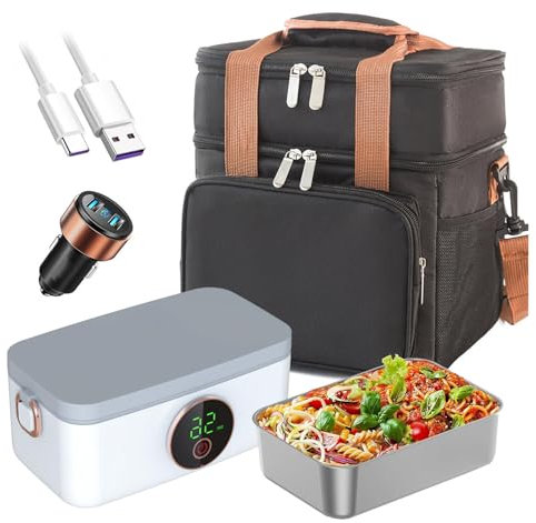 LFLIFENG Fiambrera Electrica Coche Recargable E Inalámbrico, Tartera Electrica Comida Trabajo Portátil Y con Batería De 16000 mAh, Fiambrera Acero Inoxidable