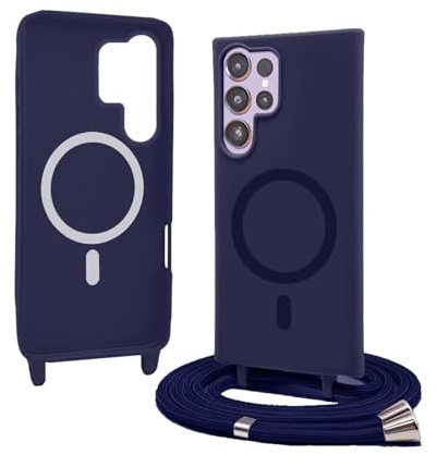 Bigcousin Handykette für Samsung Galaxy S23 Ultra Hülle mit Band,Magnetisch kompatibel mit Magsafe,Silikon Necklace Handyhülle mit verstellbar und abnehmbar,Blau