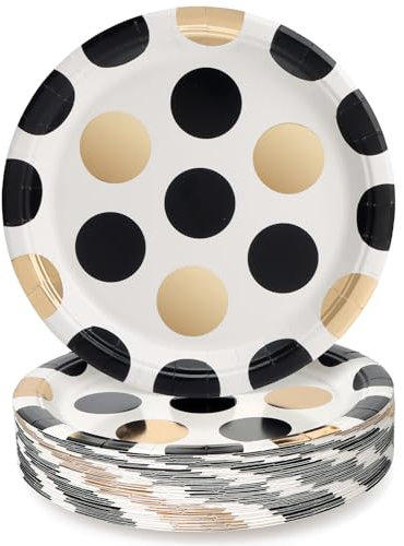 PARTY GO Partygeschirr 50 Stück, Polka Schwarz Gold Pappteller Kindergeburtstag, Partygeschirr Set 23cm Pappteller, Pappgeschirr für 50 Gäste für Geburtstagsdeko Junge Mädchen Partys
