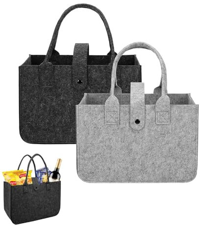 Kozdtiz Filztasche Einkaufstasche, 2 Stück Tragetasche Filz, Faltbar Tragetasche Shopping Bag, Filztaschen Shopper für Spielzeug, Einkaufen, Ausgehen, Aufbewahrung30 x 20 x 12 cm Schwarz grau