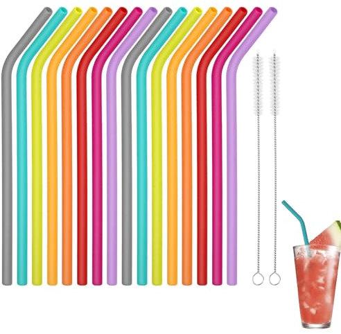 16 Stück Silikon Strohhalme,Silikon Strohhalme Wiederverwendbar Mit 2 Strohhalm Reinigungsbürste,Silikonstrohhalme,Leicht Zu Reinigen,Für Cocktails, Säfte, Milchtee(8 Farben)