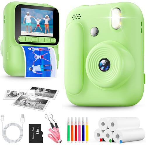 Naxup Sofortbildkamera für Kinder,1080P Kinderkamera mit 5 Rollen Druckpapier,32GB-Karte und Farbstiften,Tragbare Digitalkamera für Jungen und Mädchen,Geschenke für Kinder im Alter 3–14 Jahren (Grün)