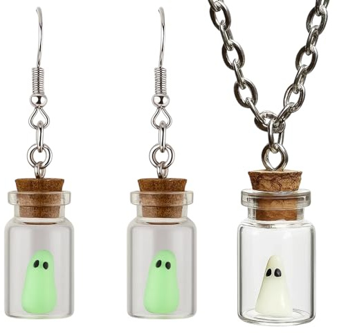 Glow in Dark Ghost Necklace, Glow in Dark Ghost, Ghost Earrings, Novelty Bottle Ghost Jewelry Gift, Glow in The Dark Novelty Earrings for Halloween Cosplay Costume Party