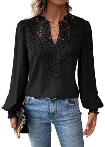 TUUHAW Women Tops V Neck Long Sleeve Shirts Swiss Dot Flowy Boho Lace Top | Crochet Casual Blouses, Basic Sexy Peplum T Shirt, Smocked Spring Clothing, Autumn Ladies Daily Outfits, Eyelet Embroidery