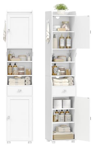 HEXCELEN Badezimmerschrank Schmal Hoch, Badschrank mit 1 Schublade | Hochschrank Badezimmer, mit 2 Türen und Verstellbaren Ablagen Offenen Fach Platzsparender Badregal 28 x 38 x 180 cm Weiß