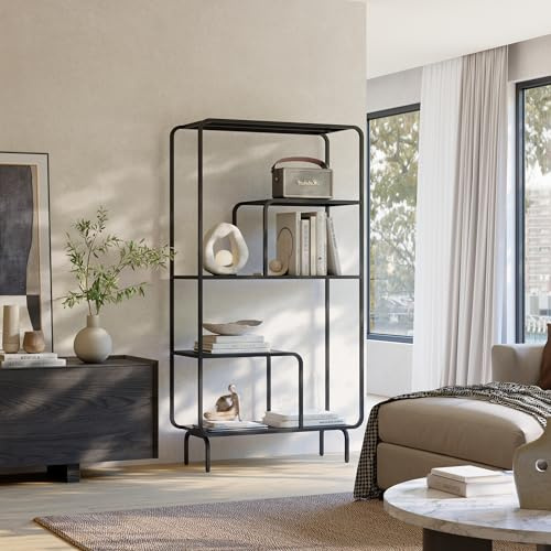 [en.casa] Regal Færder Bücherregal Industrial Standregal hoch Metall 145 x 76 x 33 cm Wohnzimmerregal multifunktional offenes Regal Ablagen modern Schwarz