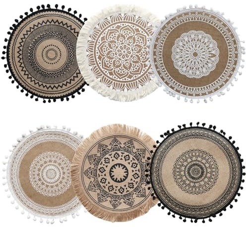 6 Stück Platzset, Tischsets Rund, Ø 38 cm Boho-Tischsets Platzsets(A) | Handgefertigte Gewebte Platzset mit Quasten, für Küche, Restaurant, Hochzeit Party, Speisetisch, Zuhause Dekorieren