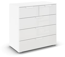 Rauch Möbel ADITIO, Kommode, Farbe Glas Weiß, Breite 80 cm | Sideboard im modernen Look, 5 Schubladen, Glasfront, Soft-Close-Funktion, für Schlafzimmer, Gästezimmer, Wohnzimmer, Flur