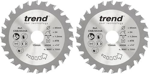 Trend Wood Circular Saw Blade, 85mm Diameter, 15mm Bore, 24 Teeth, 1.2mm Kerf, +14° Hook, TCT, Fine Finish, CSB/8524A (Pack of 2)